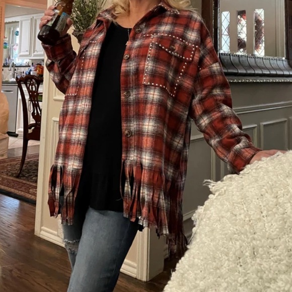 EESOME Plaid Western Studded Fringe Button Up Shirt Jacket - Picture 1 of 14